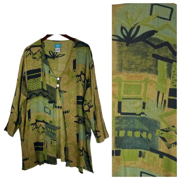 Simply Southwest by Mail 1X 16 18 Top Tunic Shirt Green Lagenlook Art to Wear - Picture 1 of 4